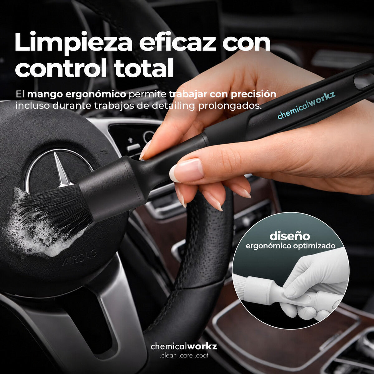 Chemicalworkz Black Boar Detailing Brush 20 mm: agarre antideslizante y cerdas suaves